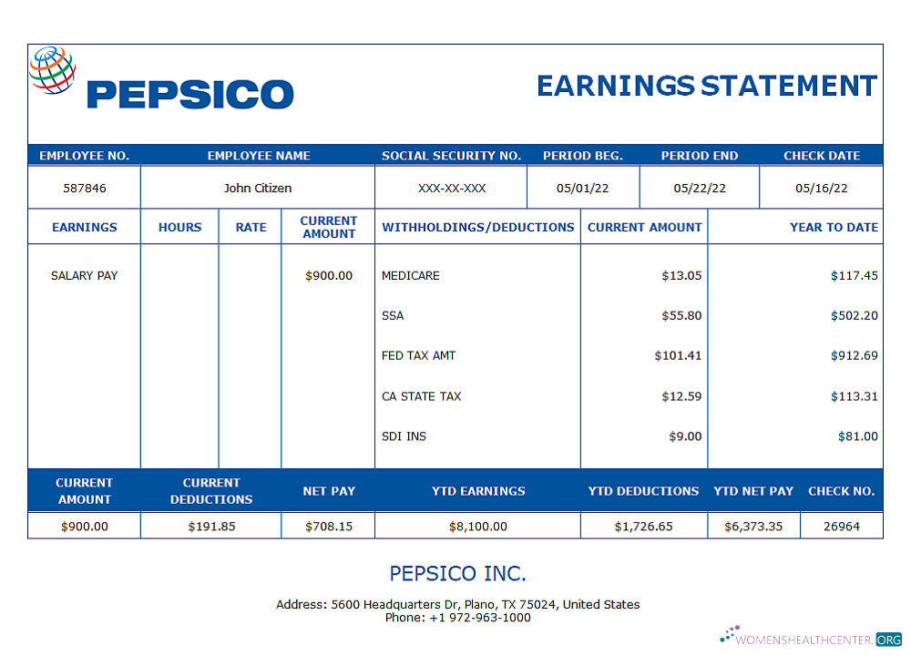 Download USA Pepsico Inc. drink producing company pay stub Photoshop template